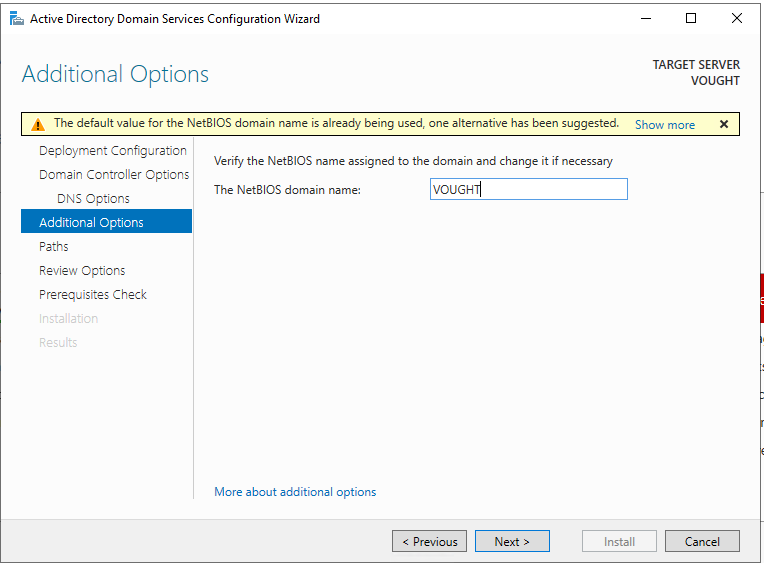 AD DS wizard NetBIOS name field showing VOUGHT entered